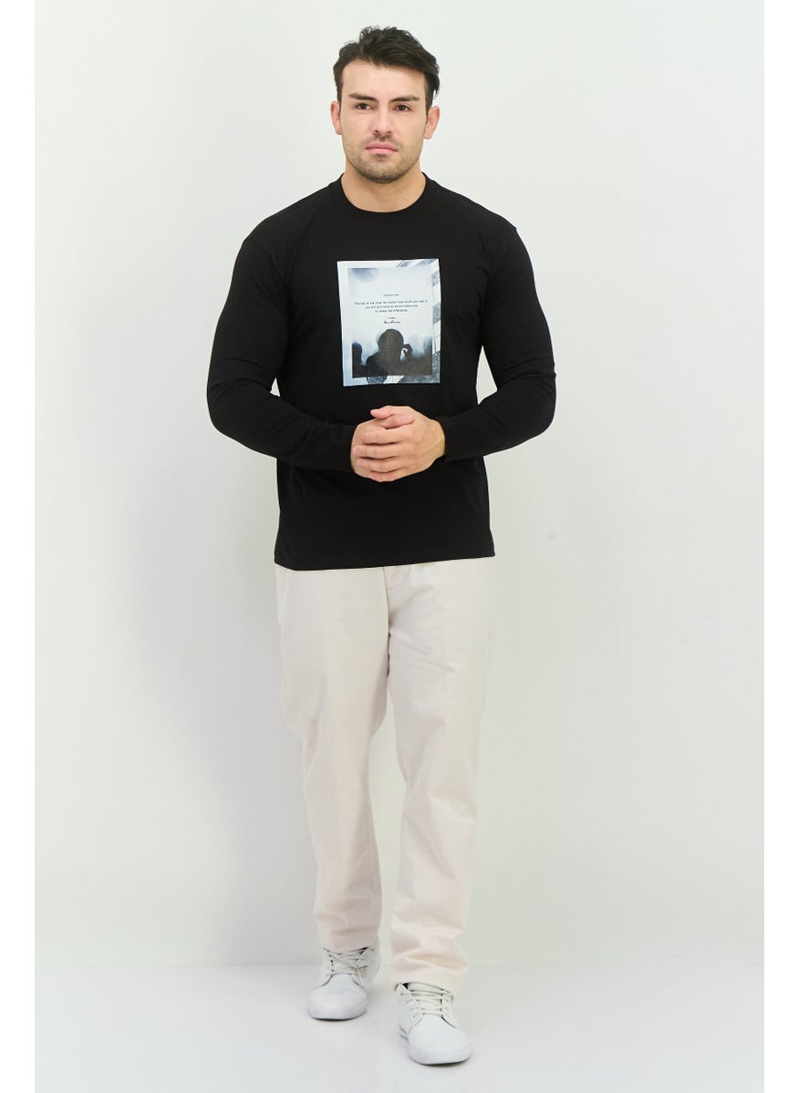 Sorbino - Men Crew Neck Long Sleeves Graphic Print T-Shirt, Black - Image 1