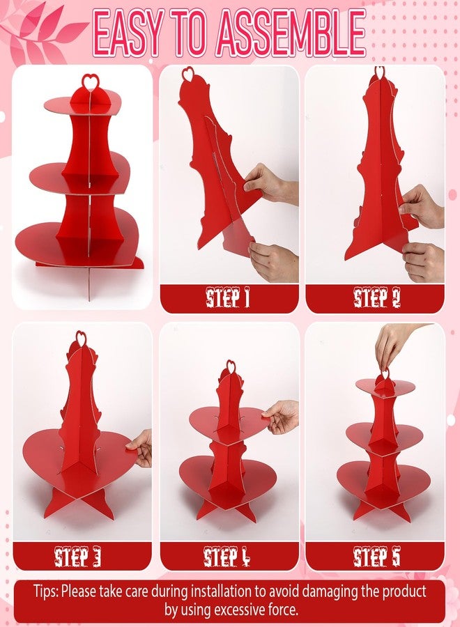 Willinglong 4 Pcs Heart Cupcake Stand 3 Tier Red Dessert Tower Display Cardboard Cupcake Stand Cake Holder Decoration for Birthday Weddings Party Supplies(Heart) - Image 5
