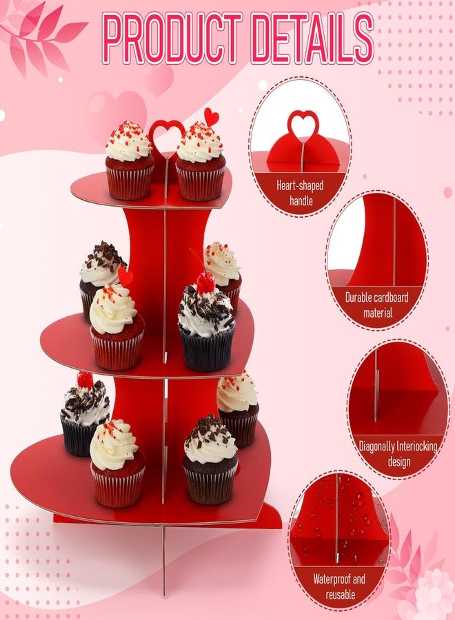 Willinglong 4 Pcs Heart Cupcake Stand 3 Tier Red Dessert Tower Display Cardboard Cupcake Stand Cake Holder Decoration for Birthday Weddings Party Supplies(Heart) - Image 3