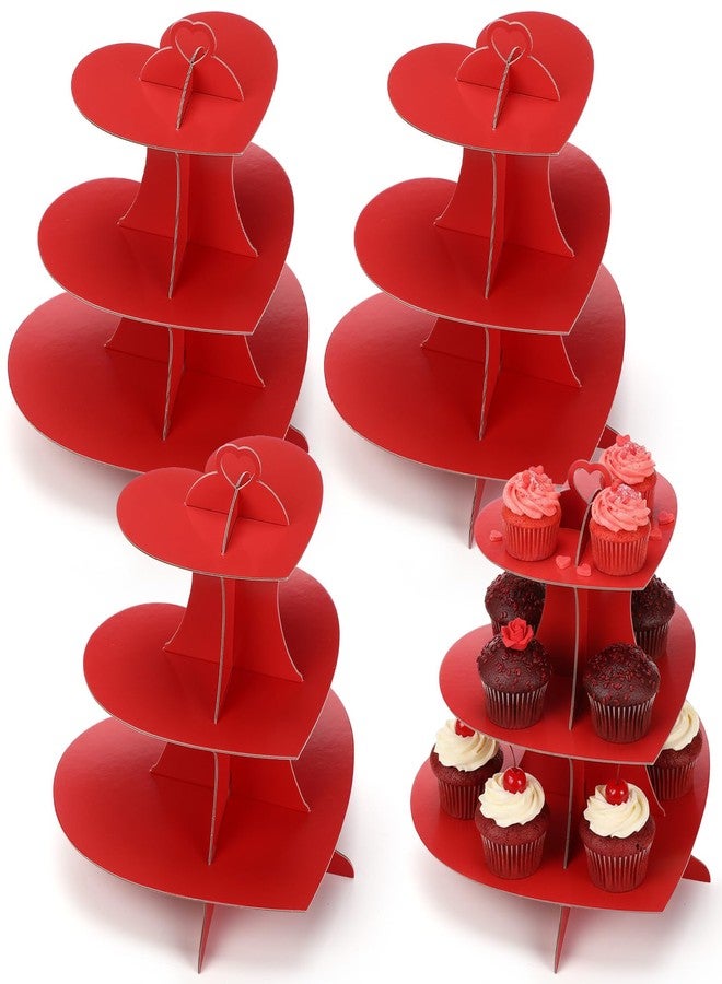 Willinglong 4 Pcs Heart Cupcake Stand 3 Tier Red Dessert Tower Display Cardboard Cupcake Stand Cake Holder Decoration for Birthday Weddings Party Supplies(Heart) - Image 1