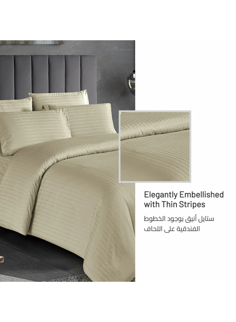 Donetella 7-Piece King Size Italian Jacquard Luxurious Hotel Style Comforter Checked Stripes with Removable Filler Beige Colour