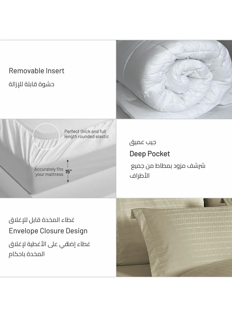Donetella 7-Piece King Size Italian Jacquard Luxurious Hotel Style Comforter Checked Stripes with Removable Filler Beige Colour