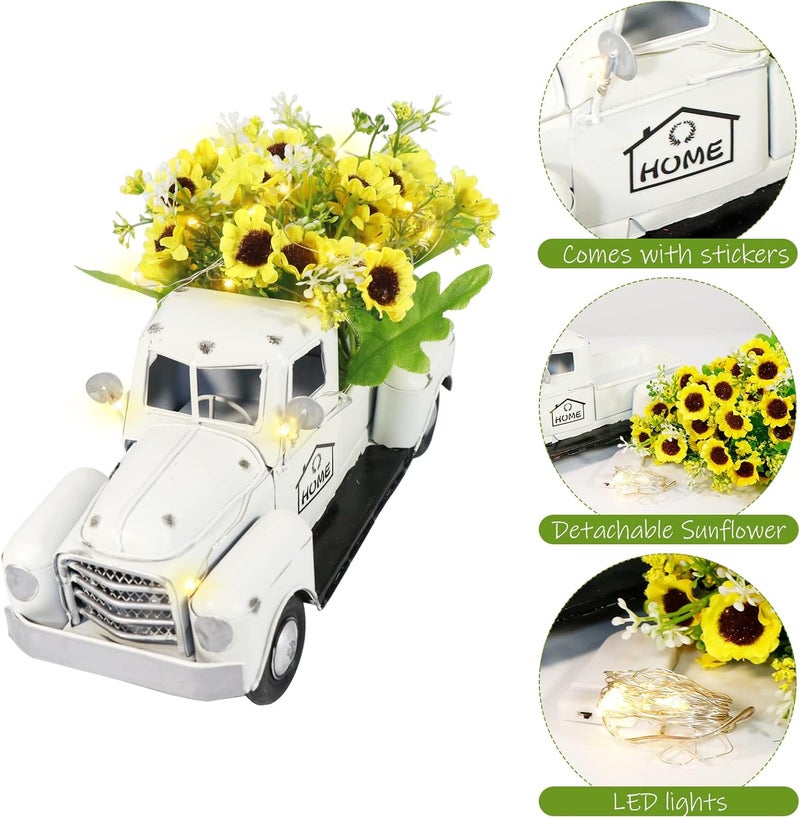 OurWarm Vintage White Truck Decor with Sunflowers Artificial Flowers Farmhouse Table Decor, LED String Lights Metal Truck Sunflower Decor for Home Rustic Farmhouse Tiered Tray Decor, Table Top Decor - Image 3