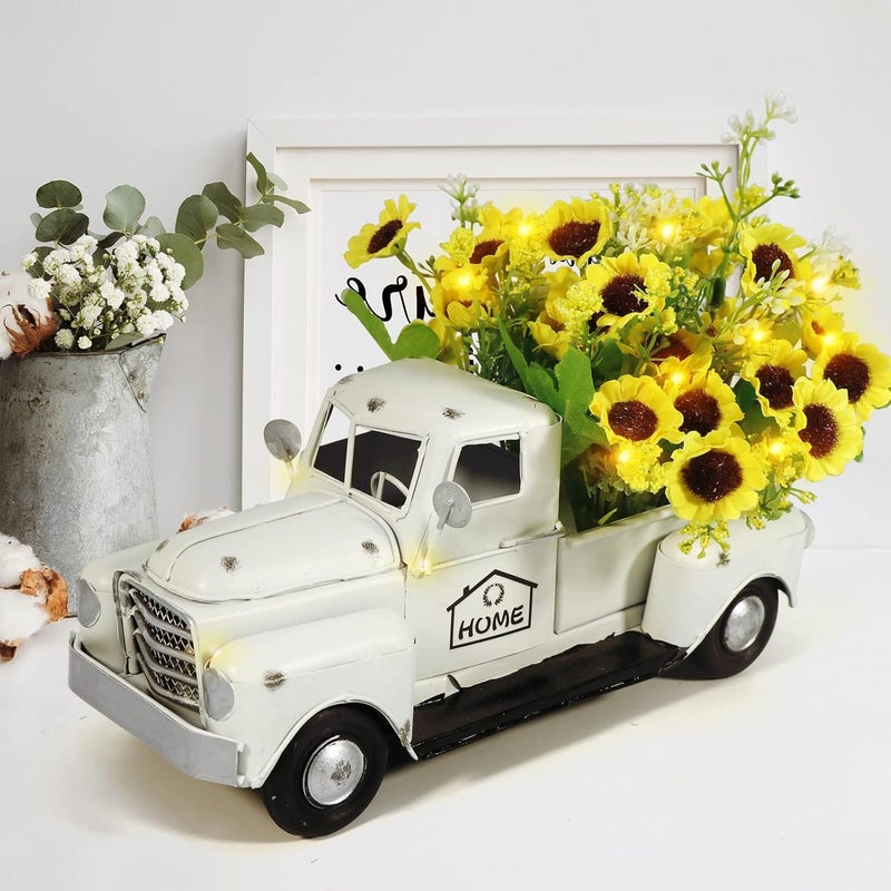 OurWarm Vintage White Truck Decor with Sunflowers Artificial Flowers Farmhouse Table Decor, LED String Lights Metal Truck Sunflower Decor for Home Rustic Farmhouse Tiered Tray Decor, Table Top Decor - Image 1