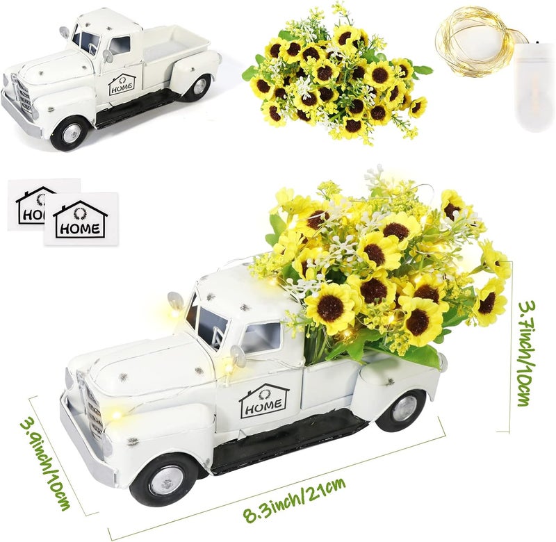 OurWarm Vintage White Truck Decor with Sunflowers Artificial Flowers Farmhouse Table Decor, LED String Lights Metal Truck Sunflower Decor for Home Rustic Farmhouse Tiered Tray Decor, Table Top Decor - Image 2