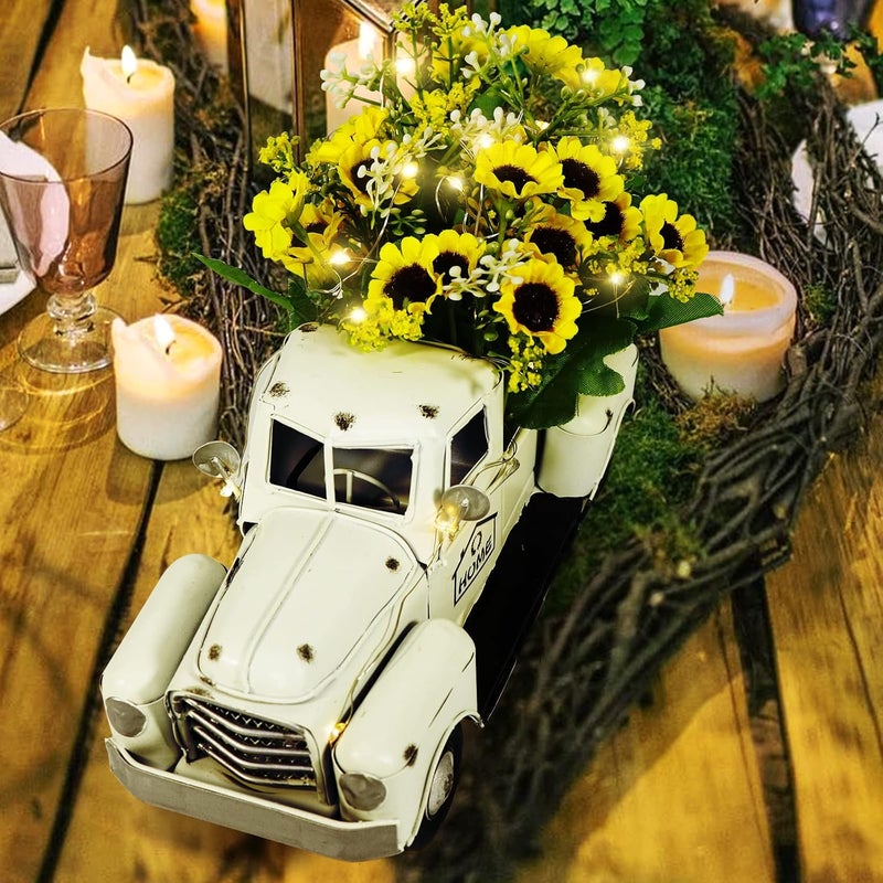 OurWarm Vintage White Truck Decor with Sunflowers Artificial Flowers Farmhouse Table Decor, LED String Lights Metal Truck Sunflower Decor for Home Rustic Farmhouse Tiered Tray Decor, Table Top Decor - Image 4