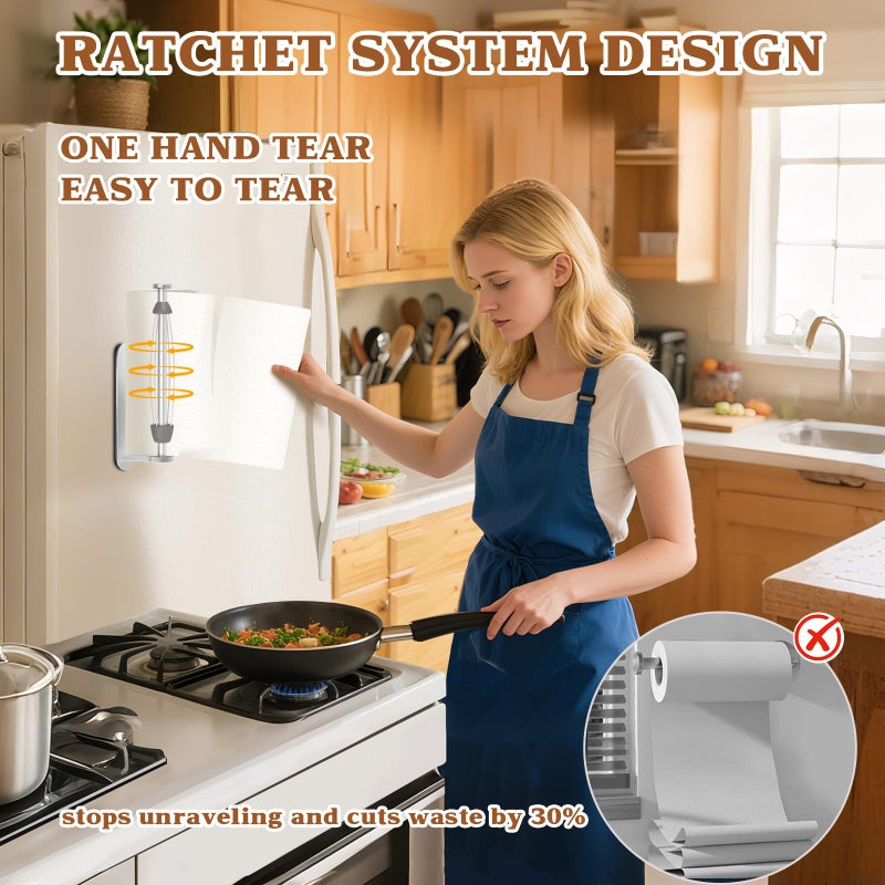 Swaitee Magnetic Paper Towel Holder for Fridge - No Drill, One Hand Tear with Ratchet Mechanism, Silver, Self-Adhesive & Wall Mount for Kitchen, RV, Garage - Image 3