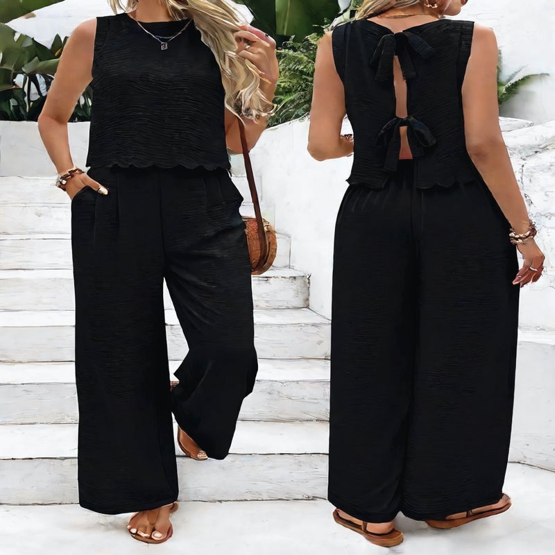 Women's Casual Two-Piece Set with Wide Leg Pants Vacation Outfit - Image 4