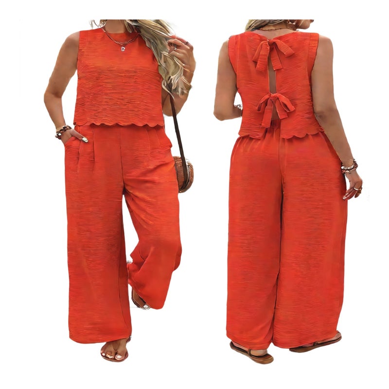 Women's Casual Two-Piece Set with Wide Leg Pants Vacation Outfit - Image 1