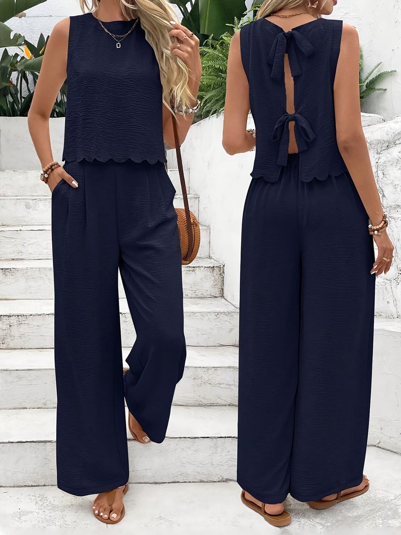 Women's Casual Two-Piece Set with Wide Leg Pants Vacation Outfit - Image 3