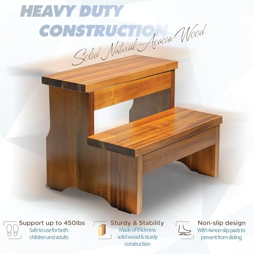 Carpentray Wooden Two Step Stool - Heavy Duty 2 Step Stool for Adult and Kids - Holds up to 450Lb for Kichen/Bathroom/Bedside Step Stool - Image 2