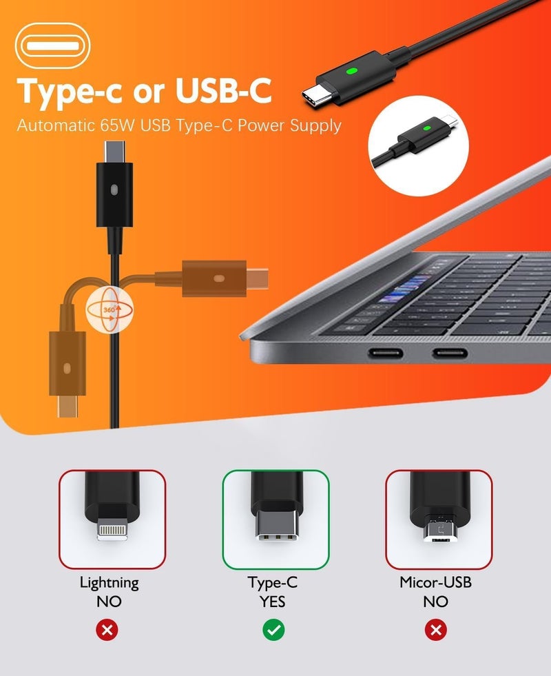 Wefly Laptop Adapter & Dell 65W USB Type-C Adapter for Laptop, Latitude 5289 5290 7389 7390 7400- Black (DE 65W Type-C) - Image 4