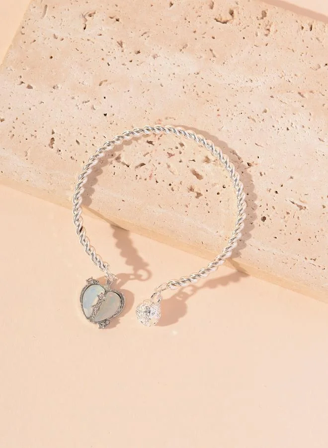 تايك تو Silver Tone Heart Charm Open Bracelet