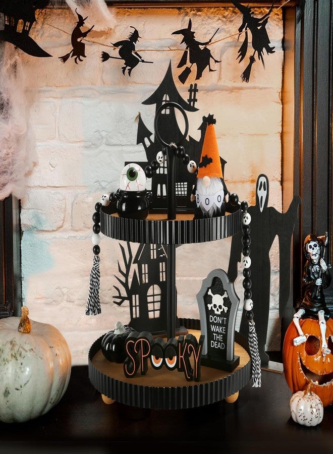 SYNCVIBE Halloween Decorations 6PCS Tiered Tray Decor, Cute Tabletop Halloween Decor for Home Tray Shelf Fireplace Mantel Office Desk Halloween Table Centerpieces Farmhouse Rustic Spooky Wood Signs - Image 2