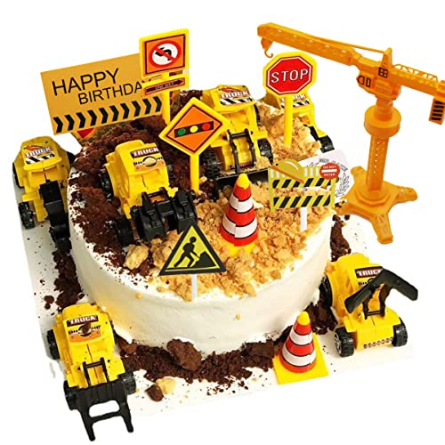 Nevperish 18 PCS Construction Cake Toppers Vehicles Cake Decoration Set Excavator Tower Crane Cupcake Topper Traffic and Road Sign Decor Happy Birthday Party Supplies Favors - Image 1
