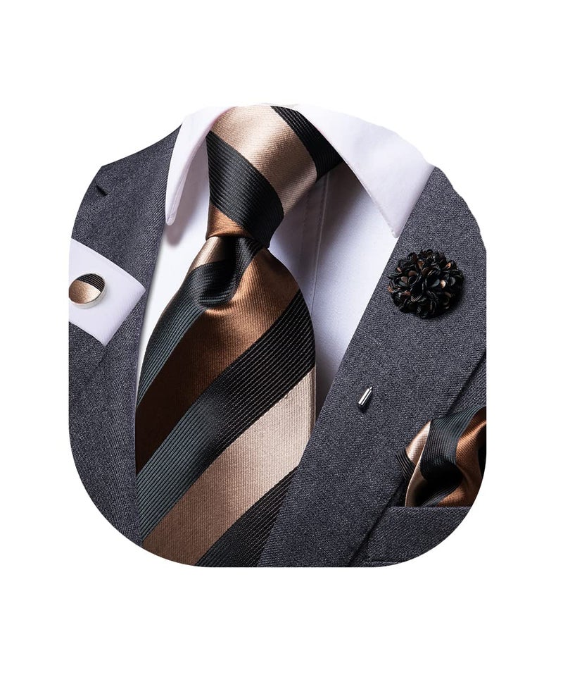 Dubulle Mens Tie and Lapel Pin Paisley Black Brown Striped Floral Necktie for Men Pocket Square Cufflinks Wedding Party - Image 1