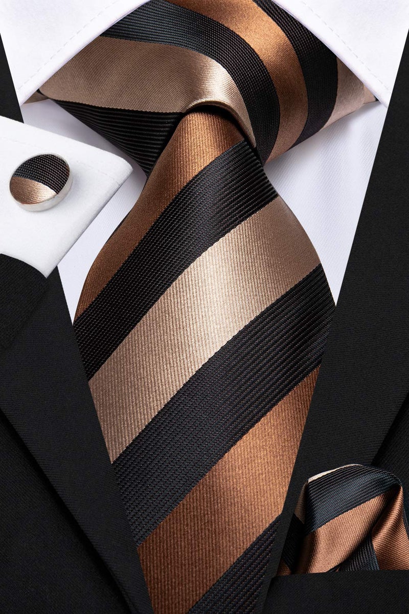 Dubulle Mens Tie and Lapel Pin Paisley Black Brown Striped Floral Necktie for Men Pocket Square Cufflinks Wedding Party - Image 4