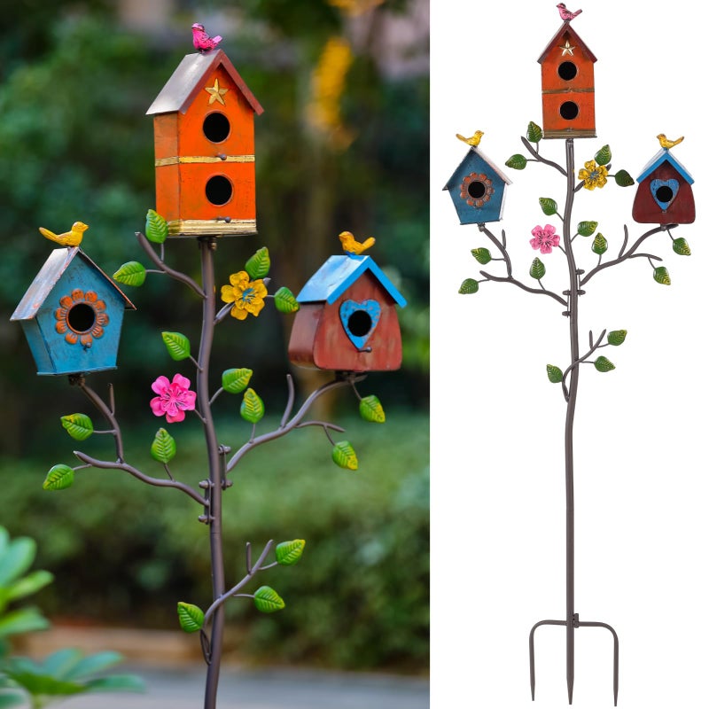 Mocome Multi-Bird Houses for Outside with Pole, Durable Colorful Birdhouse on Stake, Easy Clear, Metal Bird Houses for Outside - Image 1