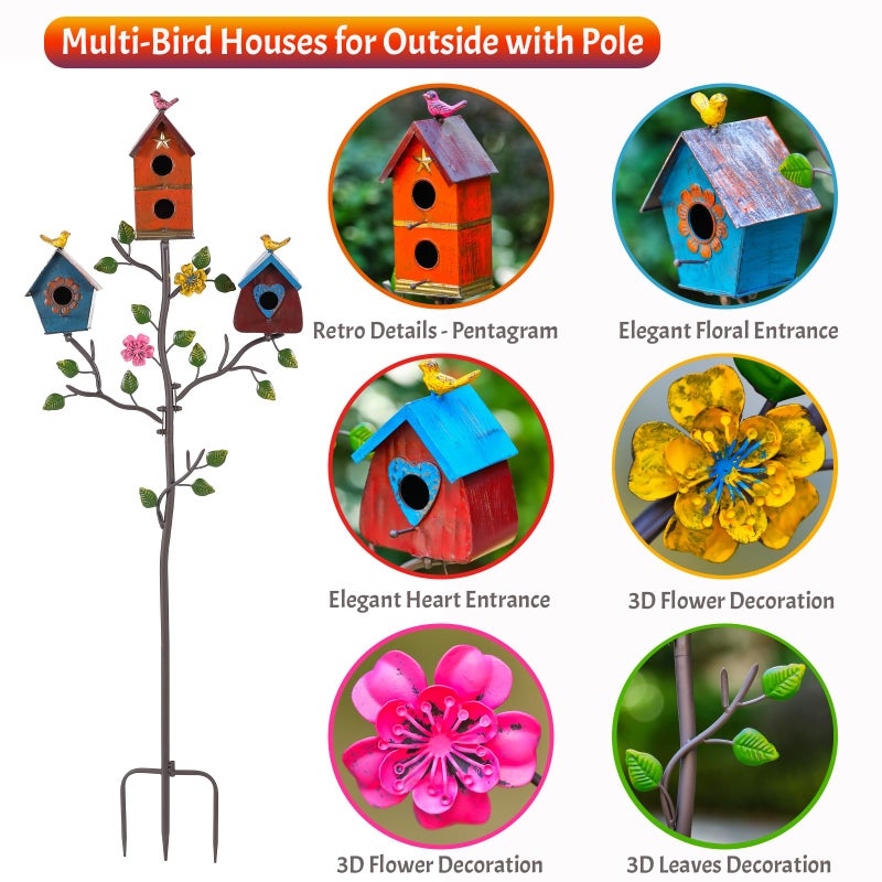 Mocome Multi-Bird Houses for Outside with Pole, Durable Colorful Birdhouse on Stake, Easy Clear, Metal Bird Houses for Outside - Image 3
