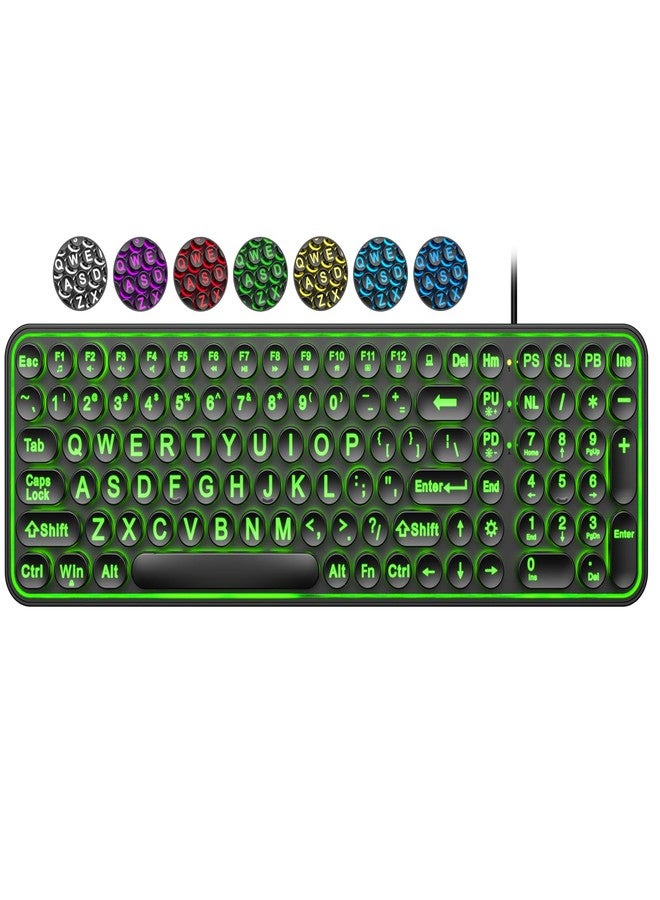 EDJO Large Print Backlit Wired Keyboard, Full-Size with 7-Color LED Backlight,Retro Round Keycaps, Oversized Letters and Quiet Typing, Compatible with Windows Desktops, Laptops, PC - Image 1
