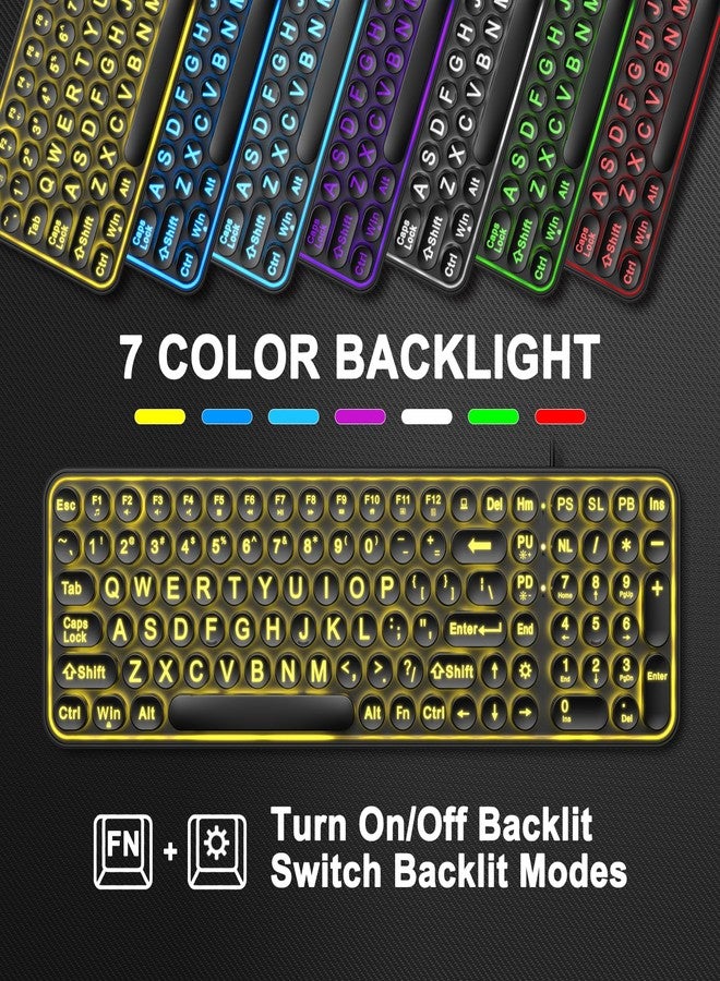 EDJO Large Print Backlit Wired Keyboard, Full-Size with 7-Color LED Backlight,Retro Round Keycaps, Oversized Letters and Quiet Typing, Compatible with Windows Desktops, Laptops, PC - Image 3