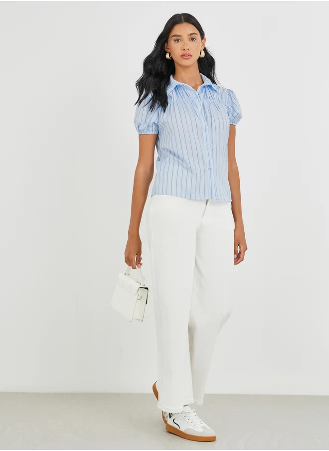 تايك تو Take Two Striped Puff Sleeve Buttoned Shirt