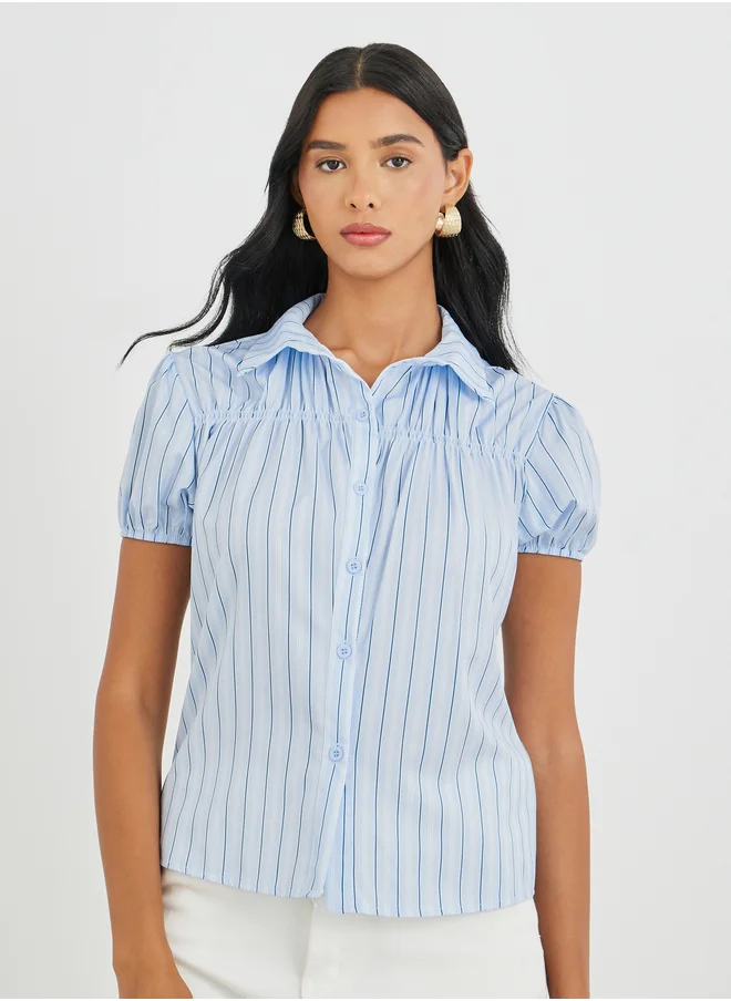 تايك تو Take Two Striped Puff Sleeve Buttoned Shirt