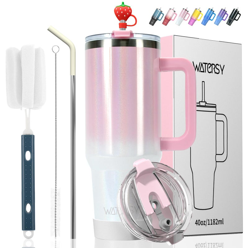 WATERSY 40 oz Shiny Tumbler with Handle and Straw,Stainless Steel Tumbler with Lid and Straw,Insulated Travel Mug(Cold for 34 Hours),Water Bottle for Iced Tea,Coffee (Pink) - Image 1