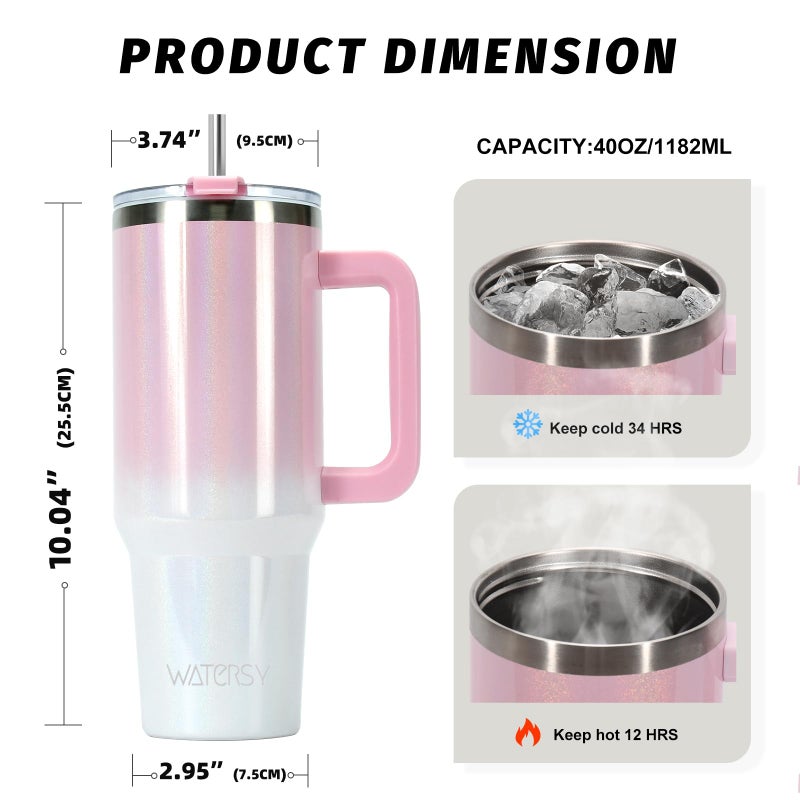WATERSY 40 oz Shiny Tumbler with Handle and Straw,Stainless Steel Tumbler with Lid and Straw,Insulated Travel Mug(Cold for 34 Hours),Water Bottle for Iced Tea,Coffee (Pink) - Image 3