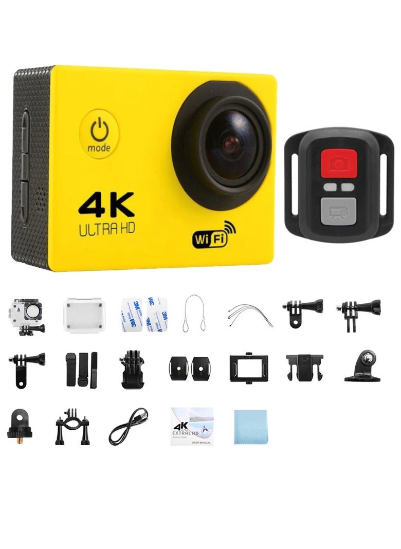 AROAQ 4K Action Camera, 1080p Wifi Multifunctional Underwater Waterproof Camera, Remote Control Ultra HD Video Camera, Rechargeable Helmet Video Recording Camera For Vlogging, (1pc, Yellow)  - Image 1