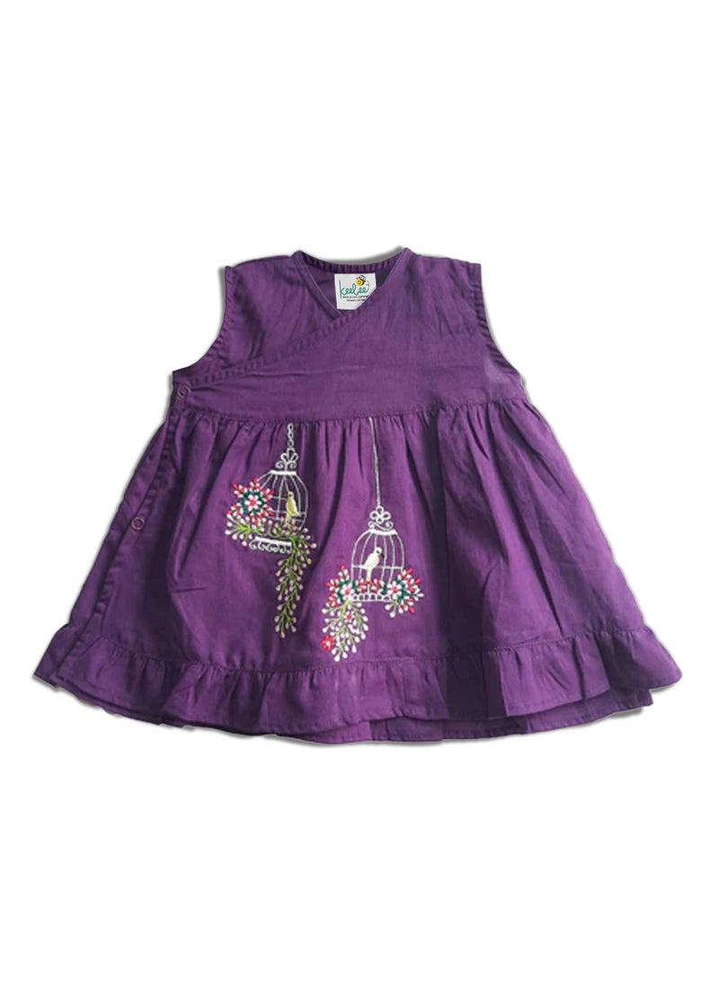 Keebee Organic Cotton Birdcages Embroidered Girls Purple Wrap Dress - Image 1