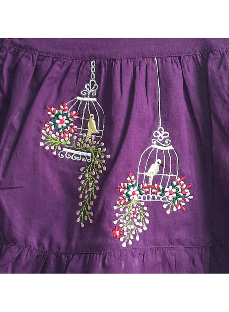 Keebee Organic Cotton Birdcages Embroidered Girls Purple Wrap Dress - Image 3