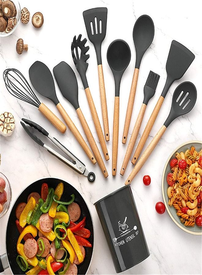 11- Piece Wooden Handle Non Stick Cookware Spoon Set Grey - Image 1