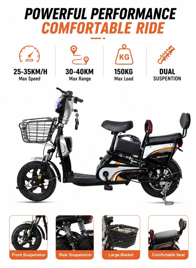Crony Electric Motorcycle for Adults, 350W Brushless Motor, 48V 12Ah Removable Battery, 25-35KM/H Electric Bike, 30-40KM Long Range, Dual Suspension W6, Front & Rear Drum Brakes, City Commuter E-Bike, Electric Moped, Electric Scooter with Pedals, Step-Through Electric Bicycle, Dual Seat with Backrest, Rear Basket, 150KG Max Load, Urban Mobility, Daily Commuting, Delivery, Shopping, Adults & Teens, Black - Image 1