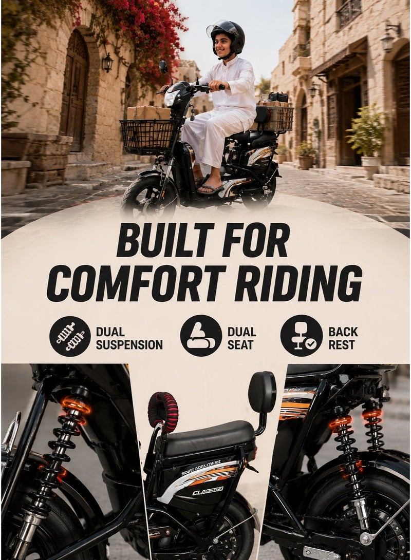 Crony Electric Motorcycle for Adults, 350W Brushless Motor, 48V 12Ah Removable Battery, 25-35KM/H Electric Bike, 30-40KM Long Range, Dual Suspension W6, Front & Rear Drum Brakes, City Commuter E-Bike, Electric Moped, Electric Scooter with Pedals, Step-Through Electric Bicycle, Dual Seat with Backrest, Rear Basket, 150KG Max Load, Urban Mobility, Daily Commuting, Delivery, Shopping, Adults & Teens, Black - Image 3