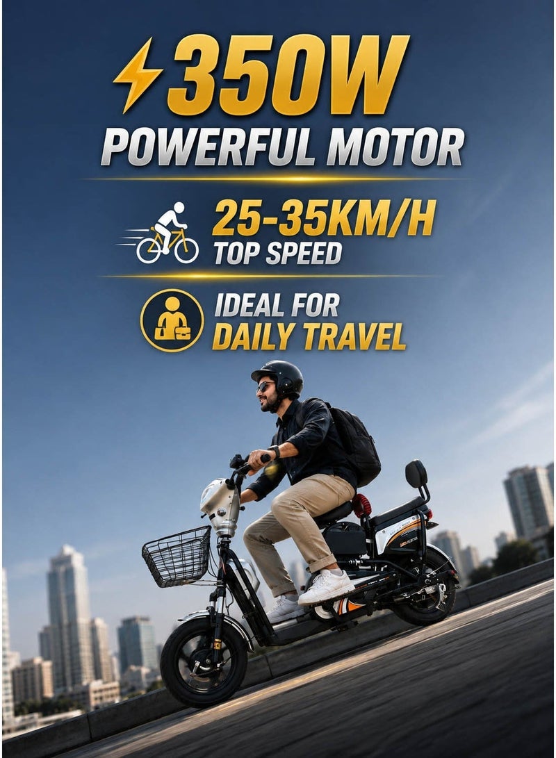 Crony Electric Motorcycle for Adults, 350W Brushless Motor, 48V 12Ah Removable Battery, 25-35KM/H Electric Bike, 30-40KM Long Range, Dual Suspension W6, Front & Rear Drum Brakes, City Commuter E-Bike, Electric Moped, Electric Scooter with Pedals, Step-Through Electric Bicycle, Dual Seat with Backrest, Rear Basket, 150KG Max Load, Urban Mobility, Daily Commuting, Delivery, Shopping, Adults & Teens, Black - Image 2