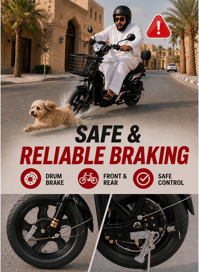 Crony Electric Motorcycle for Adults, 350W Brushless Motor, 48V 12Ah Removable Battery, 25-35KM/H Electric Bike, 30-40KM Long Range, Dual Suspension W6, Front & Rear Drum Brakes, City Commuter E-Bike, Electric Moped, Electric Scooter with Pedals, Step-Through Electric Bicycle, Dual Seat with Backrest, Rear Basket, 150KG Max Load, Urban Mobility, Daily Commuting, Delivery, Shopping, Adults & Teens, Black - Image 5