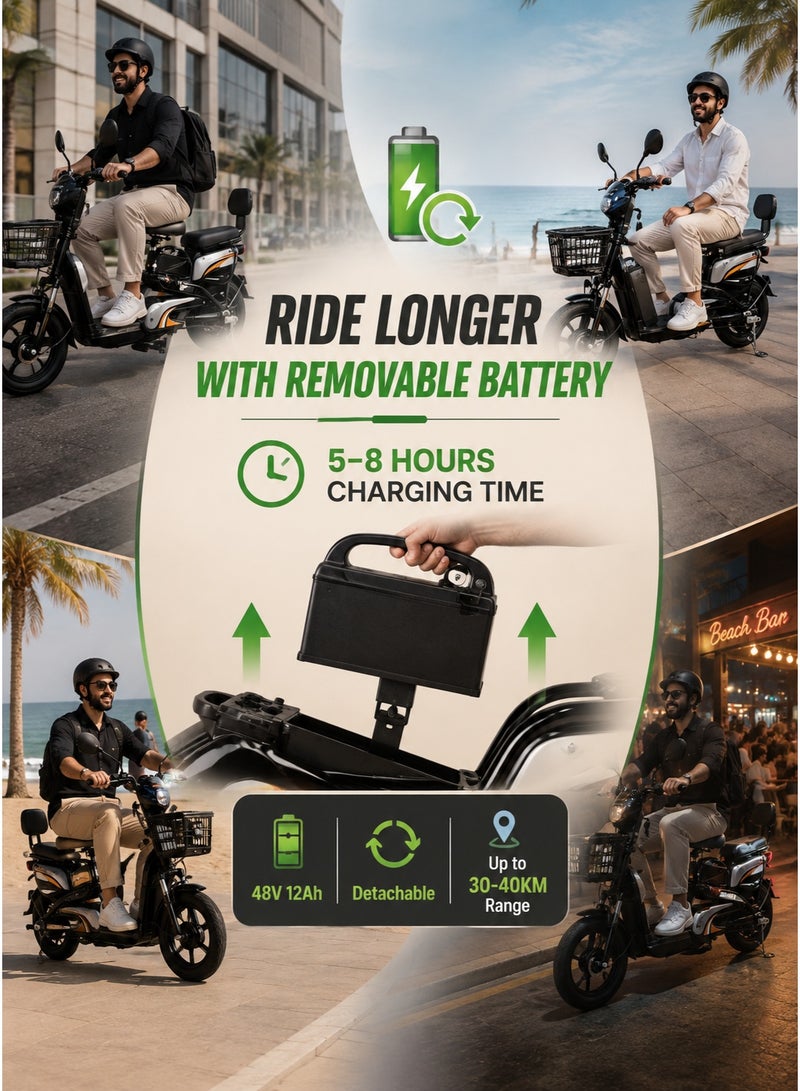 Crony Electric Motorcycle for Adults, 350W Brushless Motor, 48V 12Ah Removable Battery, 25-35KM/H Electric Bike, 30-40KM Long Range, Dual Suspension W6, Front & Rear Drum Brakes, City Commuter E-Bike, Electric Moped, Electric Scooter with Pedals, Step-Through Electric Bicycle, Dual Seat with Backrest, Rear Basket, 150KG Max Load, Urban Mobility, Daily Commuting, Delivery, Shopping, Adults & Teens, Black - Image 4