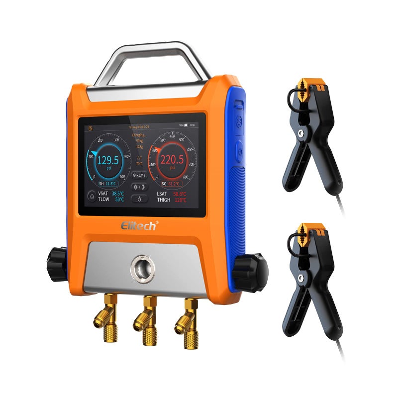 Elitech EMG20V Intelligent HVAC Digital Manifold Gauge Three Port with Vaccum Sensor Thermometer Clamps Hoses