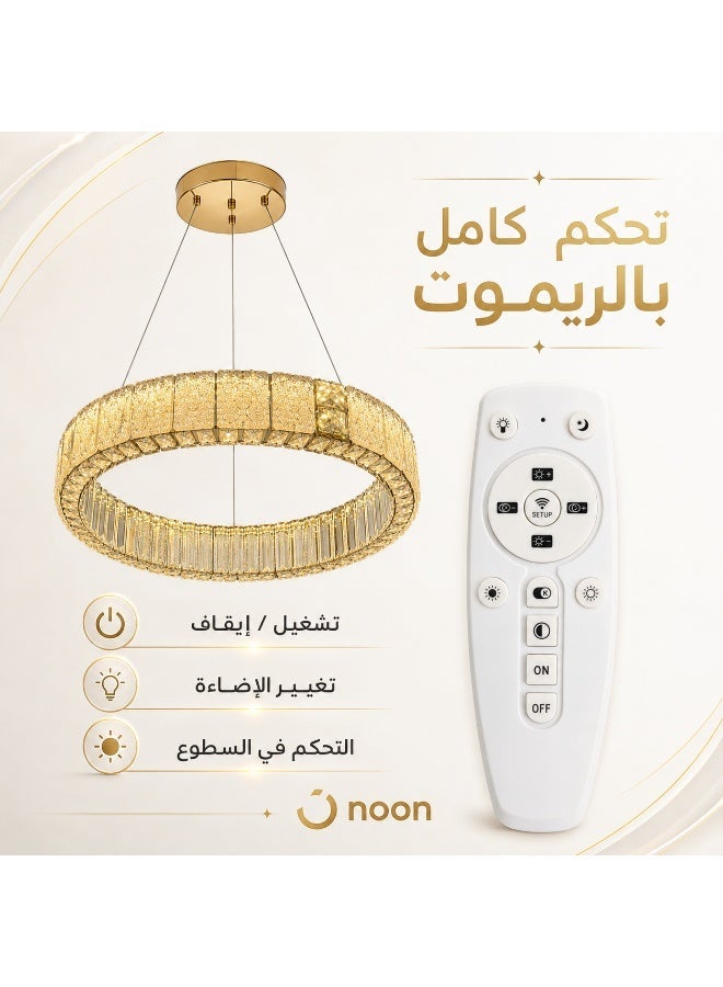 Modern LED crystal round gold chandelier, 50cm, with remote control, 3 light colors (white, warm, and cool), suitable for reception and living room. - Image 3