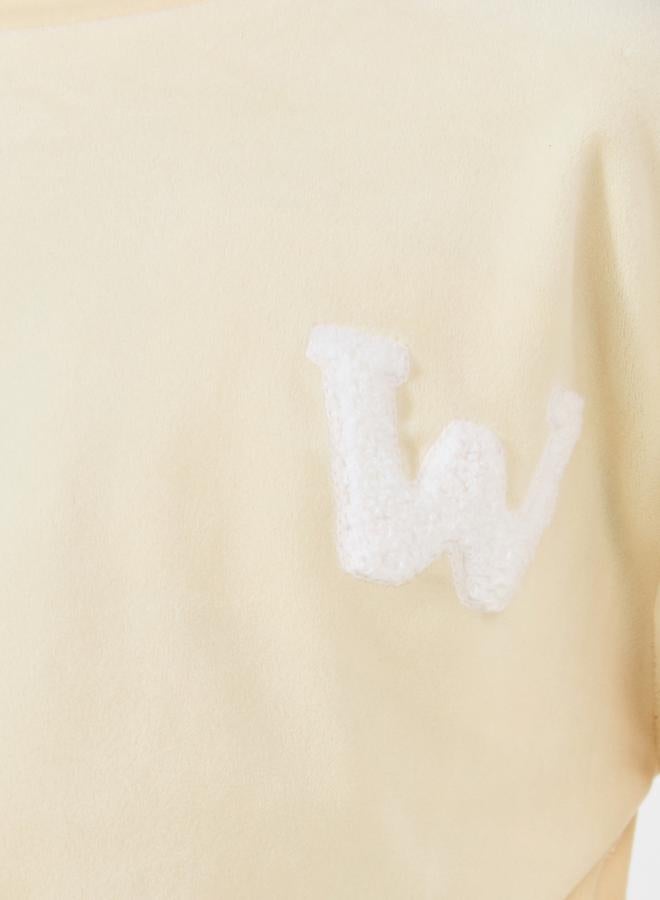 Styli Patch Detail Velvet Sweatshirt & Side Seam Striped Patch Pant Set  - Image 3