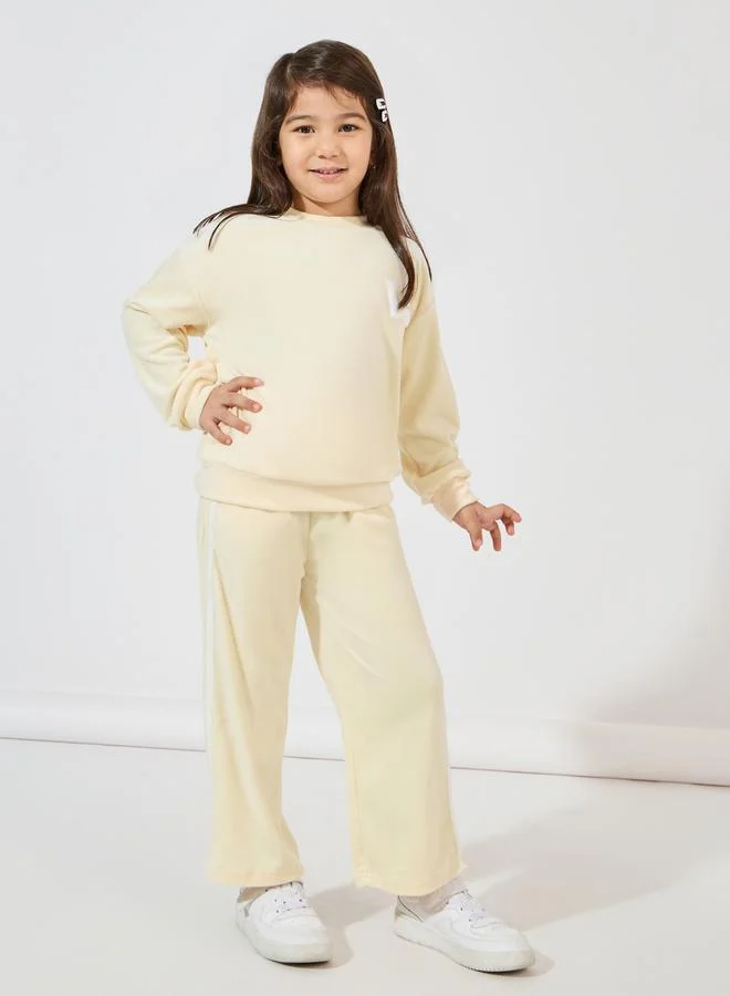 Styli Patch Detail Velvet Sweatshirt & Side Seam Striped Patch Pant Set