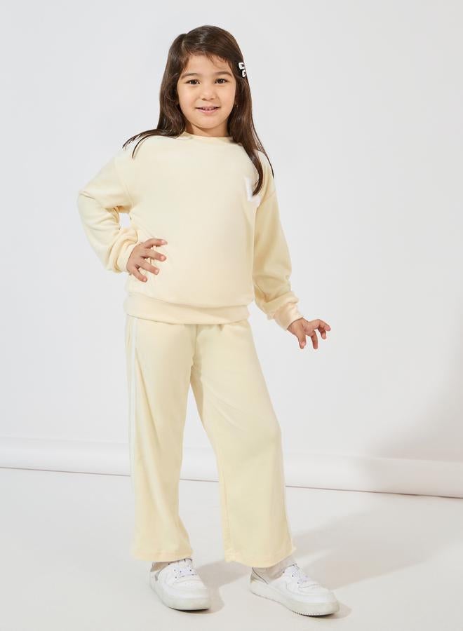 Styli Patch Detail Velvet Sweatshirt & Side Seam Striped Patch Pant Set  - Image 1