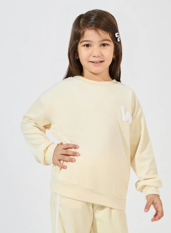 Styli Patch Detail Velvet Sweatshirt & Side Seam Striped Patch Pant Set