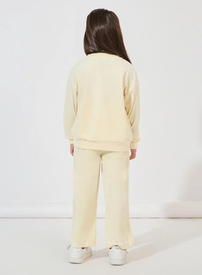 Styli Patch Detail Velvet Sweatshirt & Side Seam Striped Patch Pant Set