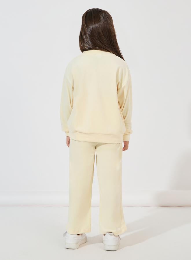 Styli Patch Detail Velvet Sweatshirt & Side Seam Striped Patch Pant Set  - Image 4