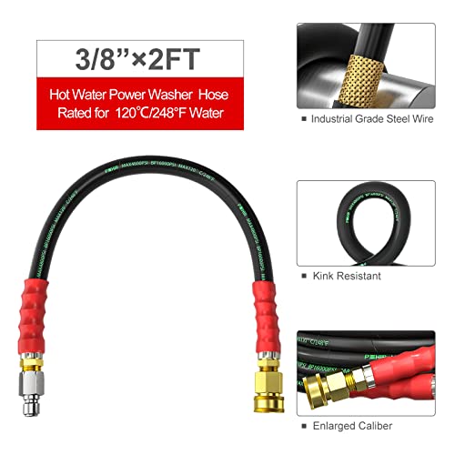 POHIR 3/8" Pressure Washer Whip Hose 2FT, Short Reel Connector for Power Washing, 248 Hot Water 4800 PSI, High Pressure Jumper With Removable Quick Connect - Image 3