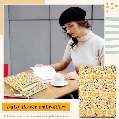 Yeyeplum 2 Pcs 12''x9'' Embroidered Daisy Book Sleeve with Handle Zipper for Book Lovers Washable Fabric Flower Sleeve Pouch for Paperbacks Hardcover, Christmas Gift for Reader Teacher Women Girls - Image 5