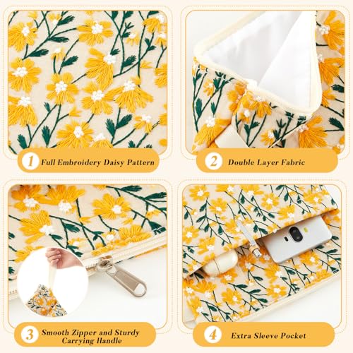 Yeyeplum 2 Pcs 12''x9'' Embroidered Daisy Book Sleeve with Handle Zipper for Book Lovers Washable Fabric Flower Sleeve Pouch for Paperbacks Hardcover, Christmas Gift for Reader Teacher Women Girls - Image 2