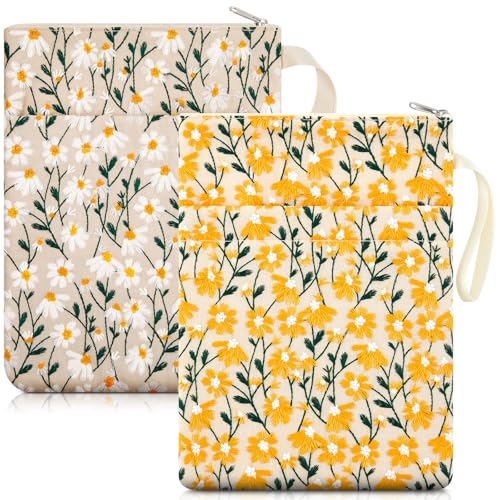 Yeyeplum 2 Pcs 12''x9'' Embroidered Daisy Book Sleeve with Handle Zipper for Book Lovers Washable Fabric Flower Sleeve Pouch for Paperbacks Hardcover, Christmas Gift for Reader Teacher Women Girls - Image 1